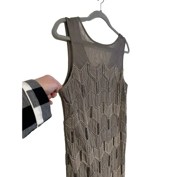 Sundance Mesh Overlay Beaded Chevron Silver Grey Dress Size 10 EUC - Picture 2 of 6